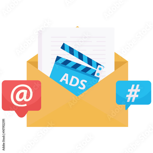 Social Media Marketing. Vector illustration of An envelope containing ad tools and symbols shows an email-based marketing strategy. Isolated on background