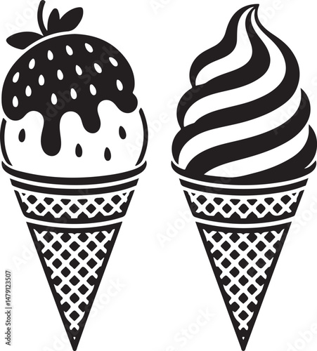 Classic Ice Cream Cone Silhouette Design

Double Scoop Ice Cream Vector Art

Ice Cream Sundae with Cherry Silhouette

Popsicle and Ice Cream Bar Vector Scene

Cute Ice Cream Character Silhouette
