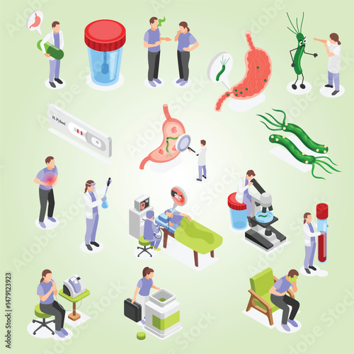 Helicobacter pylori isometric set of people infected with pathogenic bacterium being tested and doing gastroscopy procedure isolated vector illustration acid gastrointestinal study