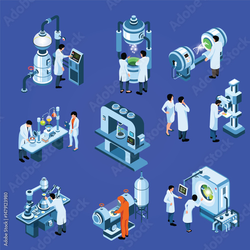 Biotechnology isometric set of scientists working in laboratory with modern equipment isolated vector illustration