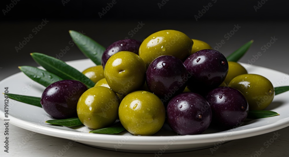 Obraz premium Green and Purple Olives on Plate