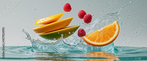 Juicy Mangoes Raspberries and Orange Splashing Water.