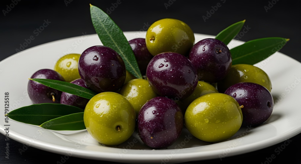 Obraz premium Olives Green Purple Leaves on Plate