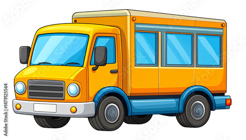 A yellow cartoon bus with blue accents and large windows is shown in a side view.