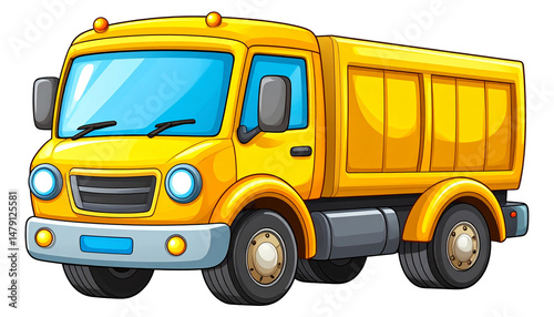 A bright yellow cartoon truck with large wheels and a friendly front design.