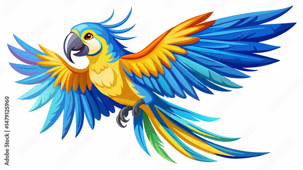 Obraz premium A majestic macaw parrot soars through the air, its vivid blue and yellow feathers shimmering with tropical brilliance. Each wingbeat is a burst of color, echoing the spirit of the rainforest.