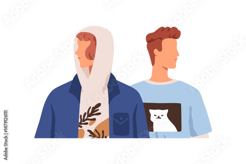 People looking at different opposite directions, sides. Disconnect in communication, couple relationships, psychology concept. Face profiles. Flat vector illustration isolated on white background
