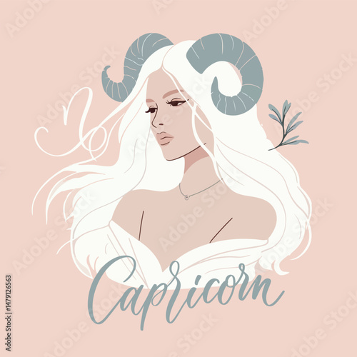 Zodiac girl Capricorn. Vector astrological signs as a beautiful woman. Future telling, horoscope, alchemy, spirituality, occultism, fashion.