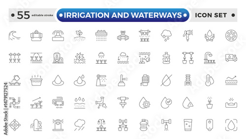 irrigation and waterways icon set. Includes drip, pipe, irrigation, and More. Editable stroke outline icon.