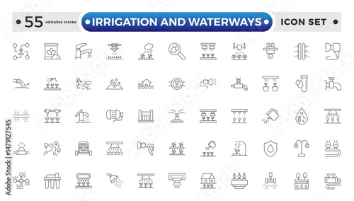 irrigation and waterways icon set. Includes drip, pipe, irrigation, and More. Editable stroke outline icon.