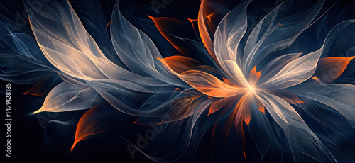 Flower thin transparent petal black wallpaper white and orange lighting scan overlay.