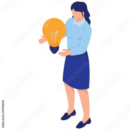 Business Concept. Vector illustration of A businesswoman holds a glowing bulb, representing creative and innovative ideas. Isolated on background