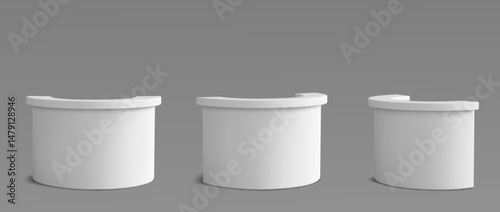 White reception desks set, curved counter table in various angles. Glossy modern office furniture, contemporary business interior design element. Modules configurations info area in minimalist style.