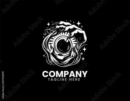 Mysterious Hand Long Nails Holding Gazing Crystal Ball Vector Logo Design, Eerie Hand Long Claws Holding Staring Crystal Orb Vector Logo, Mystical Hand Long Nails Gazing Crystal Sphere Illustration Lo