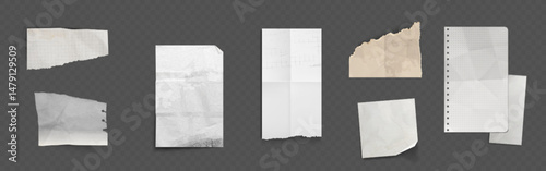 Folded paper sheets - torn edges ripped fragments with ragged texture. White and dirty notepad pages with crumpled and wrinkled surface, creased folds of worn material. Blank memo pad page pieces.
