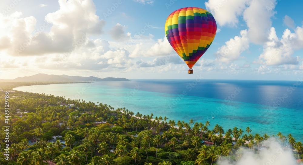 Colorful Hot Air Balloon Floating Over Tropical Paradise with Lush Green Palm Trees and Crystal Clear Turquoise Waters Beneath a Bright Blue Sky Colorful Hot Air Balloon Floating Over Tropical Paradise with Lush Green Palm Trees and Crystal Clear Turquoise Waters Beneath a Bright Blue Sky