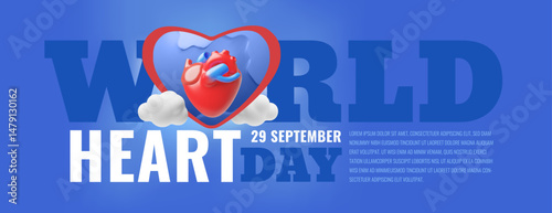 World heart day 29 September vector 3D banner design, volume heart internal organ and Earth planet, healthcare awareness