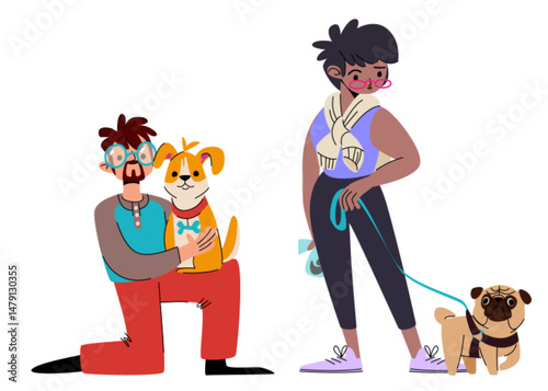 Cartoon characters walking dogs - man with puppy, woman strolling pug with leash. Pet owners enjoy outdoor leisure activity, spend time together with doggy. Flat vector illustration set for pet care.