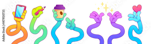 Long flexible bright cartoon hands showing gestures and holding different objects - smartphone and pencil, takeaway cup of coffee and heart on white background. Vector stickers for emotion concept.
