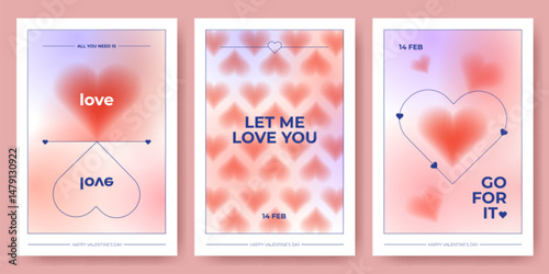 Y2k style Valentine Day cards set with pink and purple gradients, blurry aura heart shapes and tender slogans. Aesthetic 2000s design posters with romantic phrases. Cute retro 14 February posters.