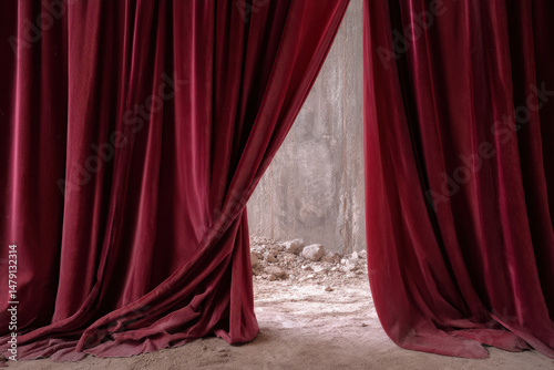 Luxurious velvet curtains are ripped open, revealing a bright, dusty space beyond, creating a sense of intrigue and anticipation