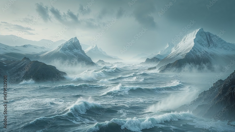 Fototapeta premium a tumbling scene across a silver sea, where waves crash into frozen mountain peaks