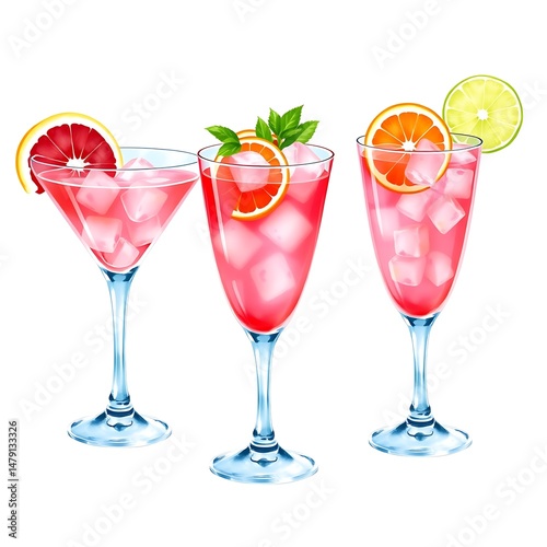 Wallpaper Mural Beautifully illustrated cocktails with fresh citrus garnishes and ice cubes against white background Torontodigital.ca