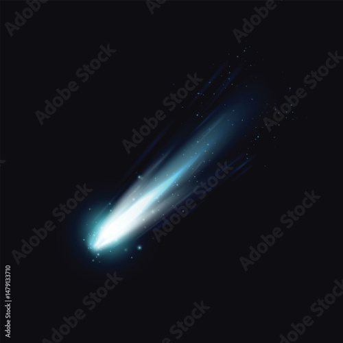 Falling asteroid or comet with fire and dust tail, sparkles. Realistic 3D vector illustration of cosmic shooting meteorite in atmosphere. Burning star or fireball in space with blue light trail