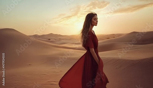 Serene woman in flowing red dress walks across vast, golden sand dunes at sunset