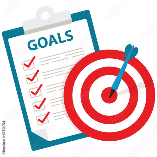 Success Element. Vector illustration of A goal checklist and target board with dart for productivity. Isolated on background
