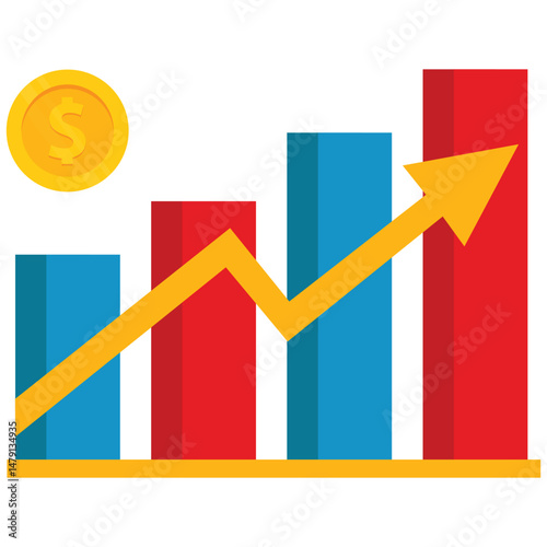 Success Element. Vector illustration of Colorful bar chart with upward arrow showing increasing profit. Isolated on background