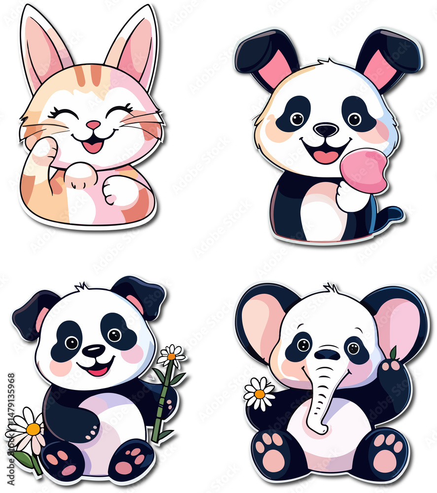 Fototapeta premium Cute Animal Icons Set – Playful Cat, Dog, Bunny, Panda, Elephant – Pastel Cartoon Stickers