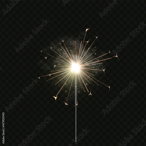 Bengal fire. Vector realistic illustration of burning party popper with bright sparks and smoke.
