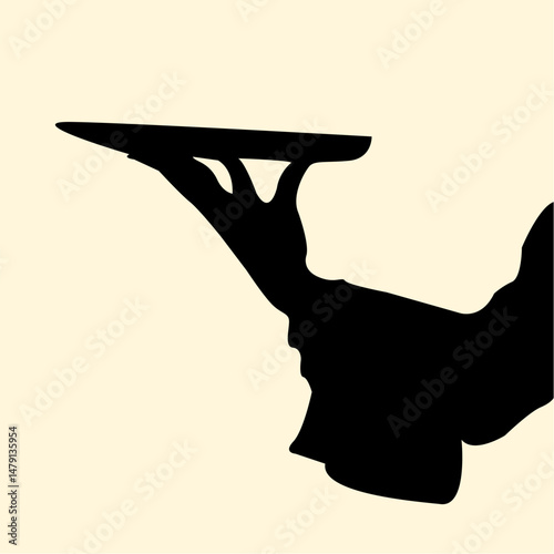 Silhouette of hand holding tray concept. Design icon of waiter bring dish food. Vector illustration.