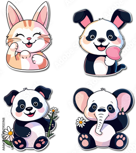 Cute Animal Icons Set – Playful Cat, Dog, Bunny, Panda, Elephant – Pastel Cartoon Stickers