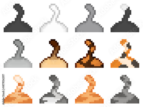 Cat tail pixel art icon set. Various colors kitty logo collection in retro 8-bit game style. Cute pixel kitten design for stickers, icons, poster