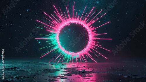 Abstract Energetic Neon Circular Formation on Dark Cosmic Background with Exploding Effect