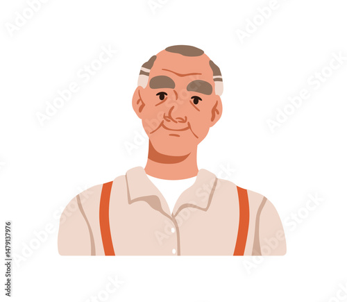Senior old man, wrinkled face avatar. Smiling gray-haired retired male character, head portrait. Elderly aged person, friendly calm expression. Flat vector illustration isolated on white background