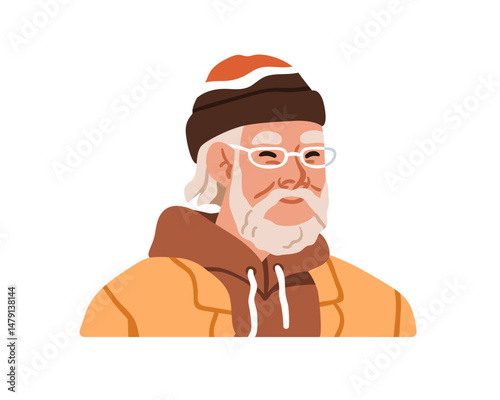 Senior old man with glasses and beanie hat. Happy smiling elderly male charac...
