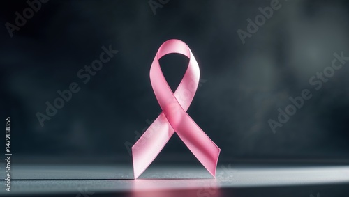 Pink ribbon on dark background Symbol of support and awareness