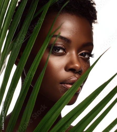 Close-up portrait of a woman with lush greenery.