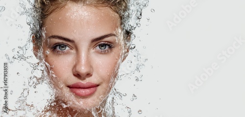 A woman's face with water droplets.