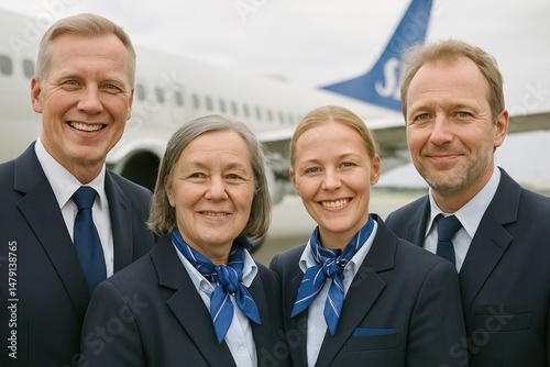 Airline crew smiling together.
