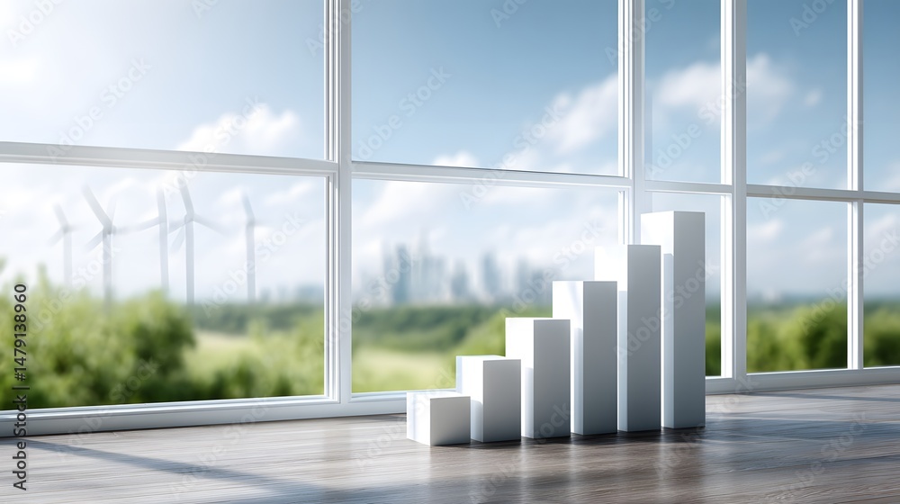 Fototapeta premium Modern office space showcasing a growth chart beside large windows with wind turbines and city skyline in background.