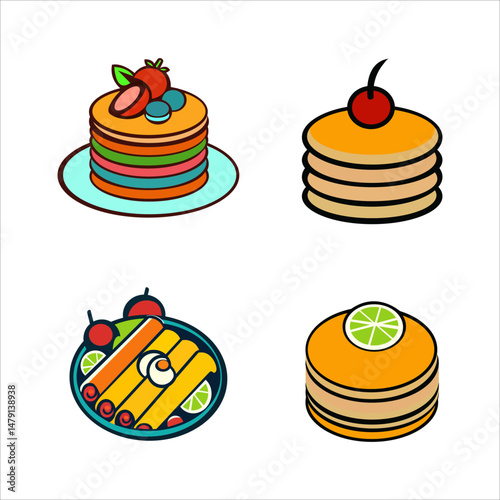 Pancakes with Strawberries Feline Desserts Fast Food and Restaurant Menu Dish Vector Illustration Vector Illustration