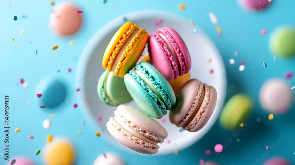 Colorful macaron and pastel cookie dessert blue background, sweet confection and vibrant French pastry celebration with cheerful mood, round plate, confetti, and gourmet bakery treat for festive