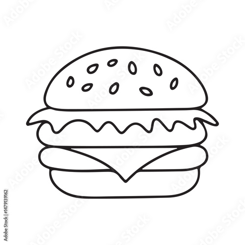 Burger outline coloring page for kids, Delicious hamburger vector illustration on white background