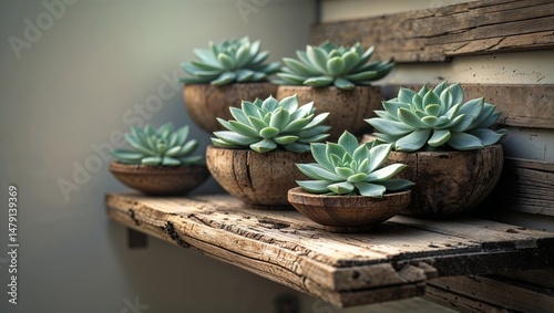 Succulents in Wooden Bowls on Rustic Shelf