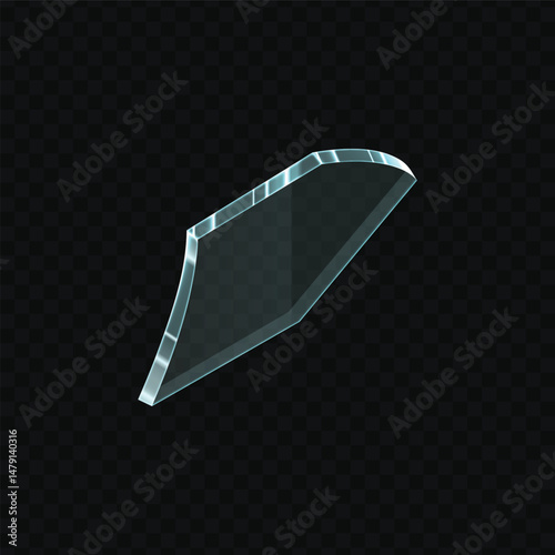 Realistic shard of broken glass. Transparent piece with sharp edges.