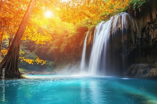 Erawan waterfall in Thailand showcases a tranquil tropical paradise with vibrant foliage and clear blue water, Erawan waterfall in Thailand Idyllic tropical paradise nature background